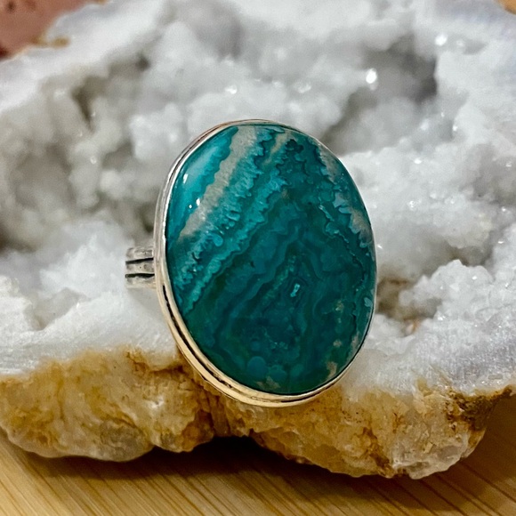 Handmade Jewelry - Green Mexican Laguna Lace Agate Gemstone Silver Ring Size 8.5